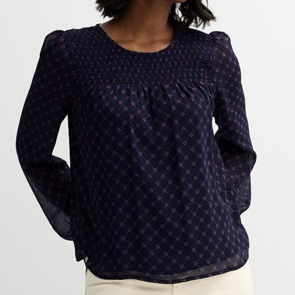 XXL Draper James Navy and Red Geometric Pattern Smocked Top, Sheer Sleeve, NWT